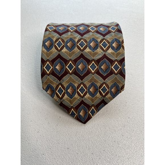 Geoffrey Beene Blue, Brown Geometric Pattern 100% Silk Designer Tie - Picture 1 of 7